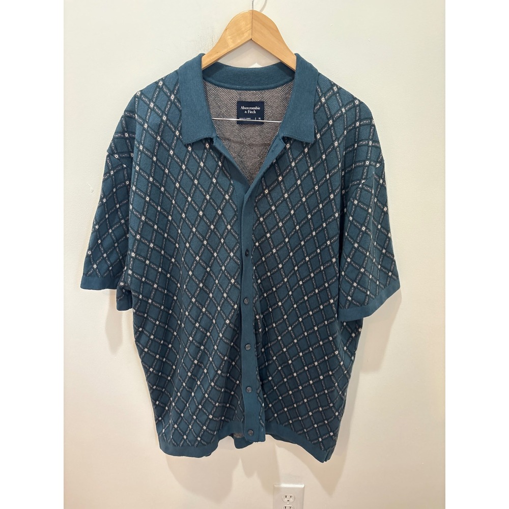 Abercrombie & Fitch‎ Mens XL Teal Diamond Jacquard Button Up Sweater Polo Shirt